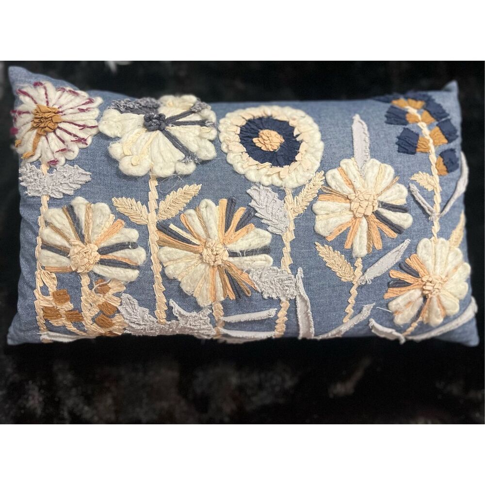 World Market Embroidered Flowers Boho Chambray Throw Pillow